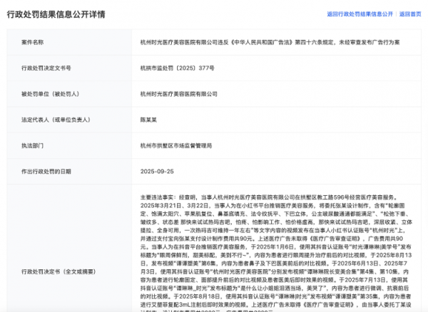 中金汇融 海量财经丨杭州时光医疗美容医院未经审查发布医疗广告 被处罚款10180元